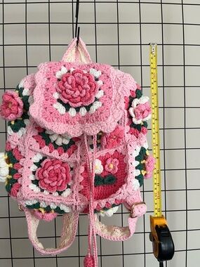 Pink Crochet Floral Backpack with 3D Roses